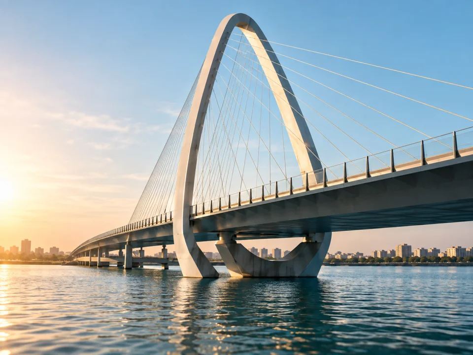 A sculptural white bridge crossing calm water in warm afternoon light