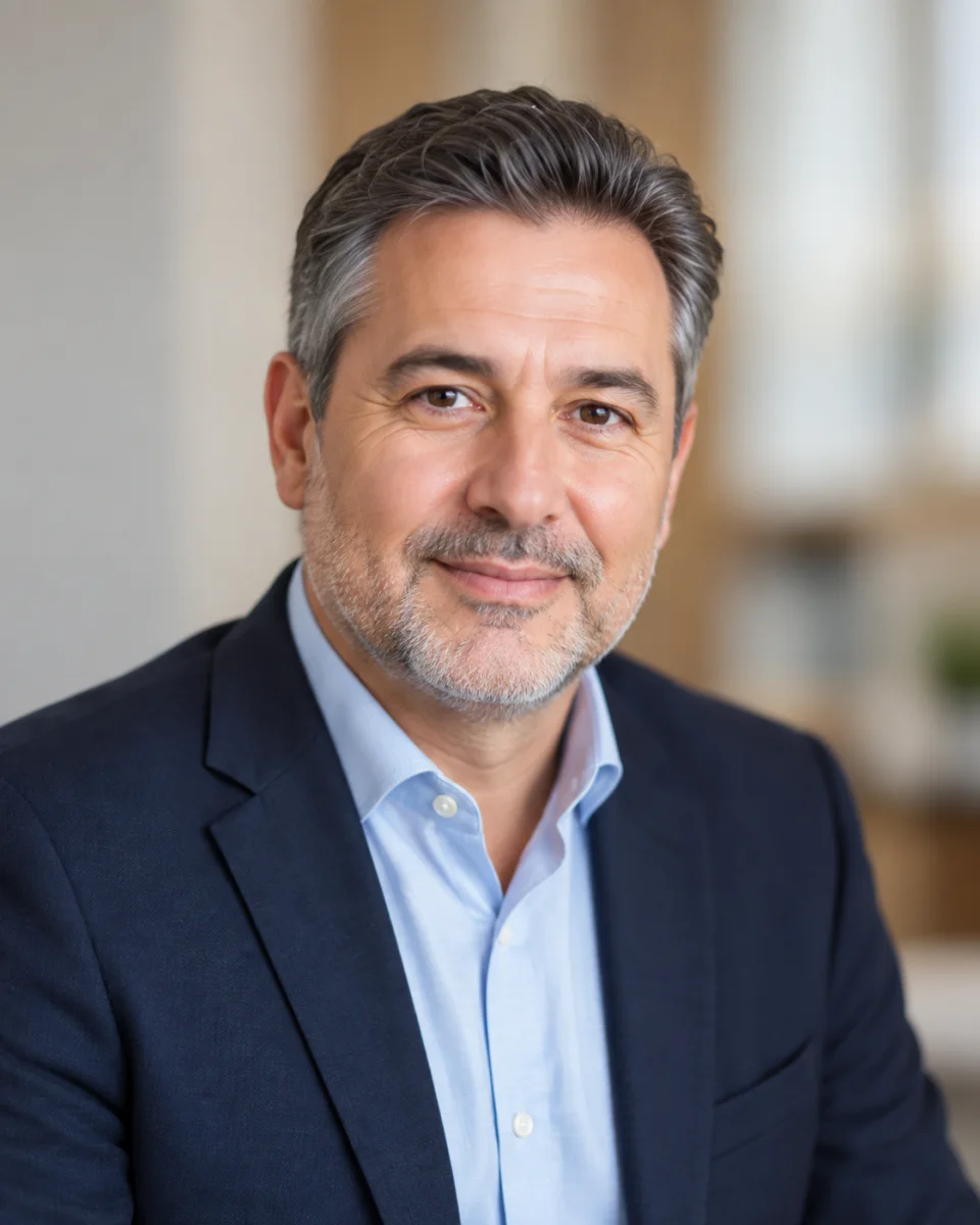 Fictional professional portrait — replace with Tayeb Rostami before launch